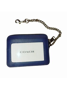 Coach Denim Blue Quilted Smooth Leather Zip Closure Wallet Chain Card Slots Silv